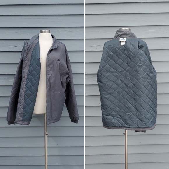 Vintage 90s y2k Adidas Logo Gray Varsity Stripes Oversized Puffer Jacket Lg - Picture 2 of 5